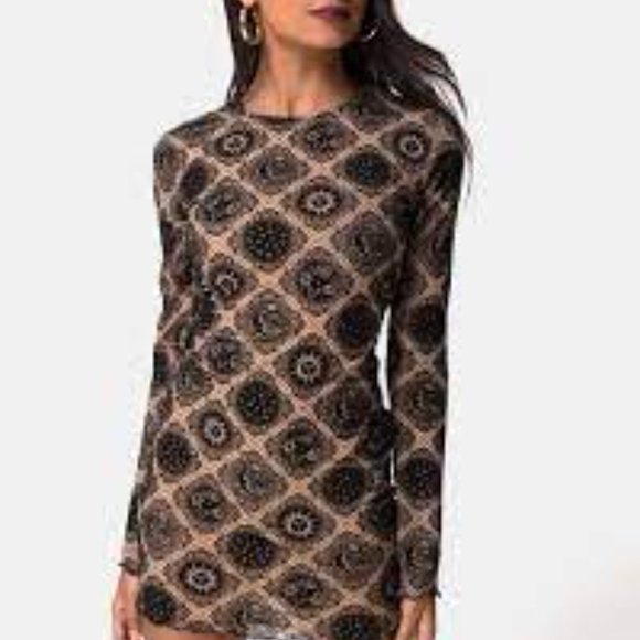 Motel Rocks Wyanna  Mini Dress Taupe net with black sign flock-Small-NWT - Picture 2 of 11